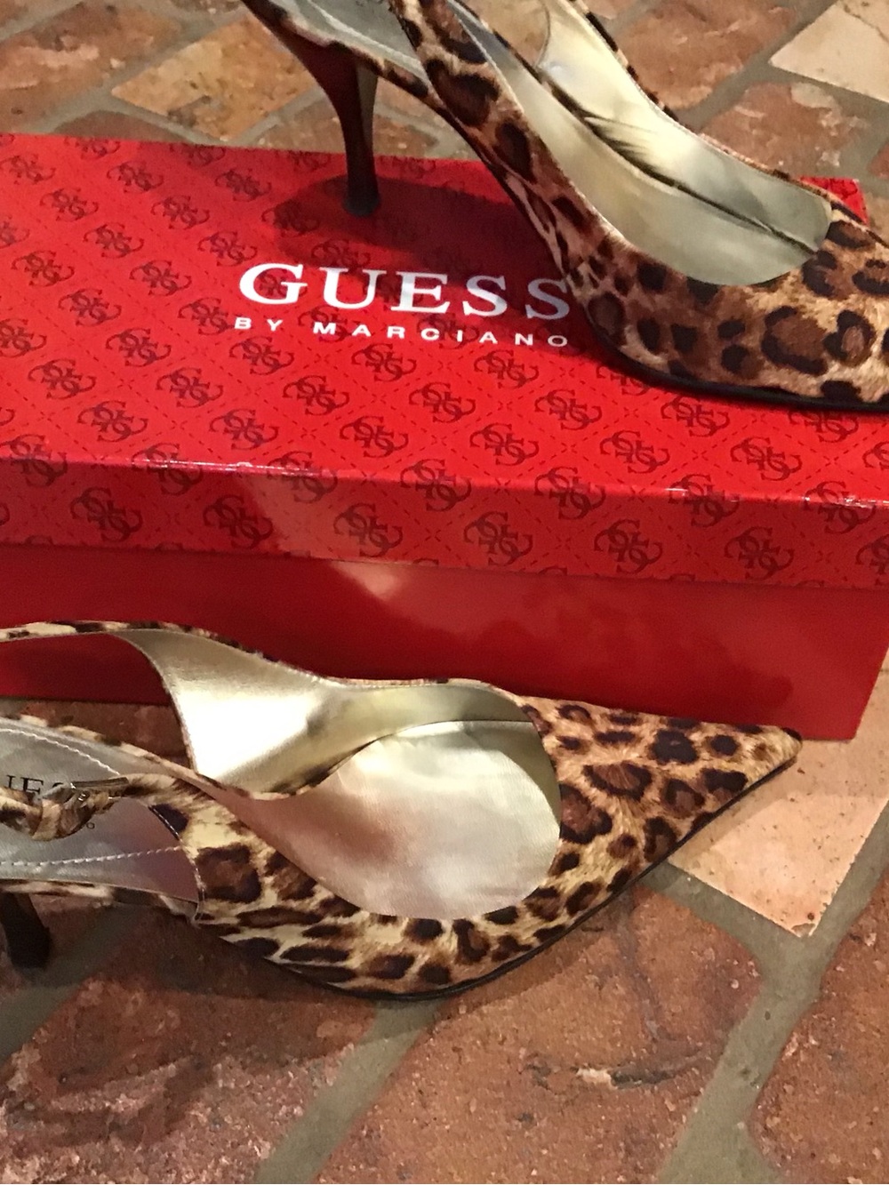 GUESS Leopard Print Pointed Slingback Heels - Brown/Gold